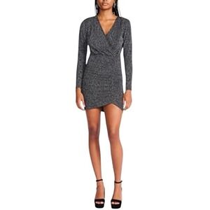 BETSY‎ JOHNSON Metallic Knit Faux Wrap Fitted Midi Dress M Black/Silver SEXY!!!